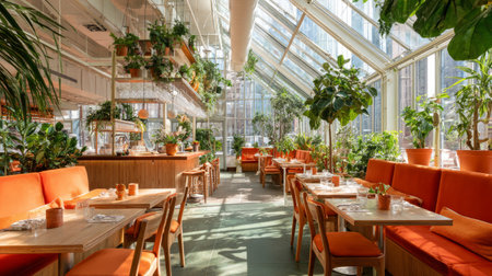 Restaurant interior styled with biophilic design, greenhouse glass structure, orange seating, wooden dining furniture, plants everywhereの素材