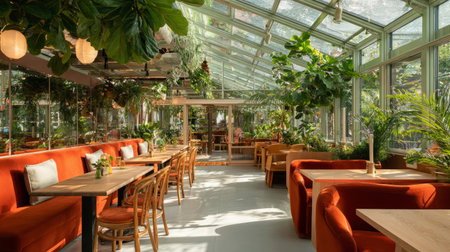 Restaurant interior styled with biophilic design, greenhouse glass structure, orange seating, wooden dining furniture, plants everywhereの素材