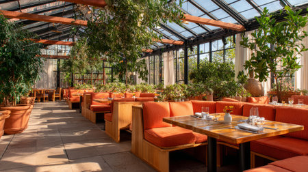 Outdoor patio dining under greenhouse roof, surrounded by greenery, orange cushioned banquettes, wooden tables ready for serviceの素材