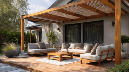 Wooden deck patio featuring pergola and luxury outdoor furniture, cozy cushioned seating with coffee table, modern house exteriorの素材