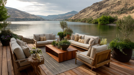 Wooden deck with elegant outdoor living room design, featuring soft cushioned sofas, chairs, coffee table, and potted plants by a mountain lakeの素材