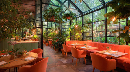 Restaurant interior styled with biophilic design, greenhouse glass structure, orange seating, wooden dining furniture, plants everywhereの素材