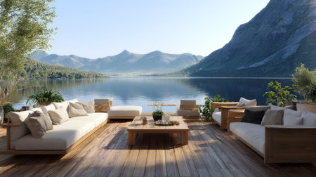 Wooden deck with modern outdoor furniture, including sofas, lounge chairs, coffee table, and soft cushions, overlooking tranquil mountain lake sceneryの素材