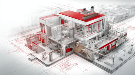 Architectural 3D render showing detailed building components with technical drawing background, clean composition, professional CAD styleの素材
