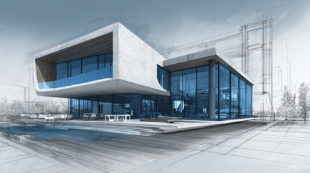 Contemporary building 3D rendering with blueprint sketches layered behind, sleek lines, white and blue color scheme, professional architecture conceptの素材