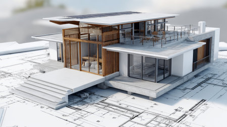 Contemporary house design 3D model on top of detailed blueprints, showing structure layers, clean minimal geometry, modern engineering conceptの素材