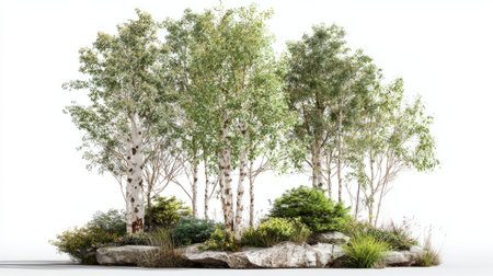 3D landscape design elements featuring birch trees, detailed bark and foliage, isolated on transparent background, realistic renderingの素材