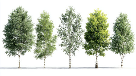 Detailed 3D birch tree models with realistic textures, full green canopies, isolated on transparent background for garden and park renderingsの素材