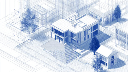 3D vector isometric drawing of architectural model with clean perspective lines, minimalist design, digital blueprint style, professional engineering layoutの素材