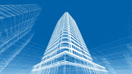 Architectural 3D vector illustration featuring a modern skyscraper wireframe model, clean grid background, CAD-inspired drawing with blue and white color paletteの素材