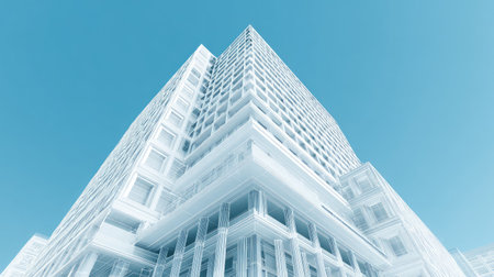 Clean 3D rendering of futuristic urban building with blueprint grid lines, minimal composition, white and blue aesthetic, architectural visualization conceptの素材