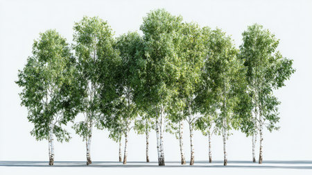 Group of realistic 3D green birch trees, isolated on transparent background, crisp lighting, professional digital landscape visualizationの素材