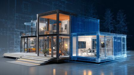 Elegant 3D model of modern house design with transparent walls, technical blueprints in background, precise geometry, architectural visualization aestheticの素材