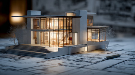 Elegant architectural model rendered in 3D, showcasing form and function with blueprint design backdrop, modern materials and lightingの素材