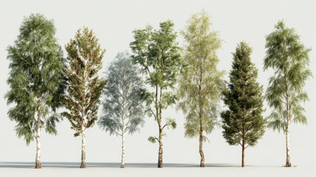 Collection of 3D rendered birch trees, realistic foliage, detailed trunk texture, transparent background for outdoor architecture presentationの素材