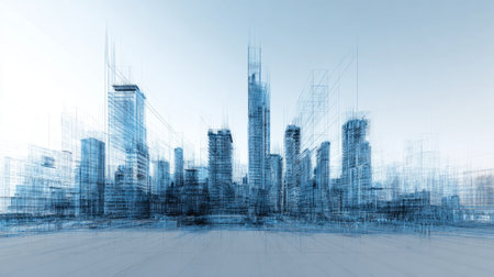 Dynamic 3D render of city architecture blending with digital blueprints, futuristic skyline, white gradient background, professional visualizationの素材