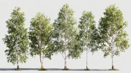 Group of realistic 3D green birch trees, isolated on transparent background, crisp lighting, professional digital landscape visualizationの素材