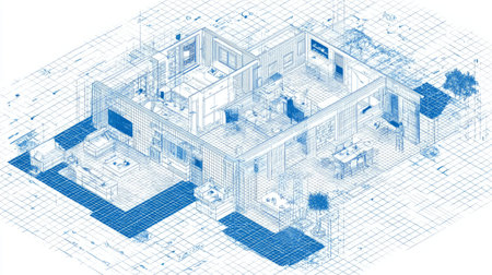 Isometric 3D vector illustration of architectural floor plan with clean blue grid lines, modern technical drawing style, white background, precision details, professional drafting aestheticの素材