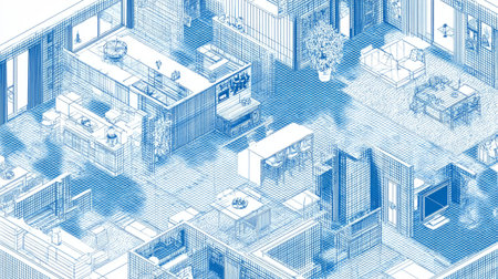 Isometric 3D vector illustration of architectural floor plan with clean blue grid lines, modern technical drawing style, white background, precision details, professional drafting aestheticの素材