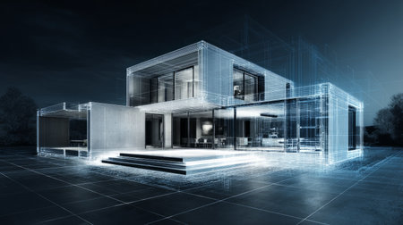 Modern architecture 3D rendering of open-plan house, sleek facade, blueprint overlay, showing structural detail, high-tech minimalist designの素材