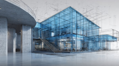Photorealistic 3D rendering of architectural concept featuring modern elements and blueprints, showcasing glass facades and concrete structuresの素材