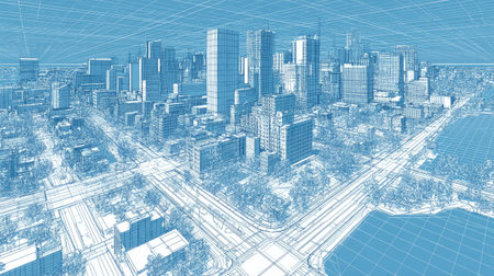Modern urban plan in 3D vector blueprint style, showcasing building grid, road layout, and landscaping lines, minimal geometric architecture conceptの素材