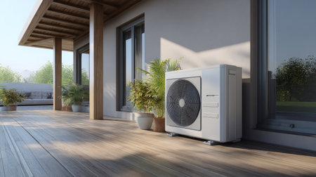 Modern outdoor air-source heat pump with light gray casing, mounted on wooden deck, beside sleek home with neutral siding and beamsの素材