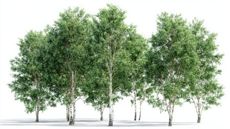 Set of lush green birch trees rendered in 3D, clean transparent background, perfect for architectural visualization and digital landscapingの素材