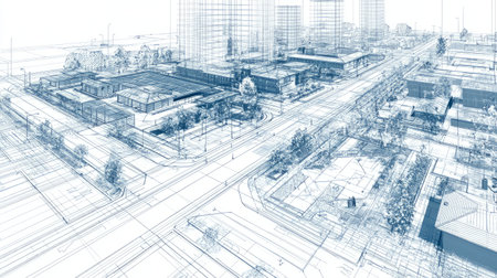 Modern urban plan in 3D vector blueprint style, showcasing building grid, road layout, and landscaping lines, minimal geometric architecture conceptの素材