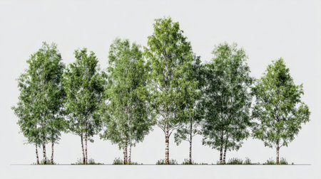 Set of realistic 3D green birch trees isolated on transparent background, detailed leaves and bark texture, professional landscape design renderingの素材