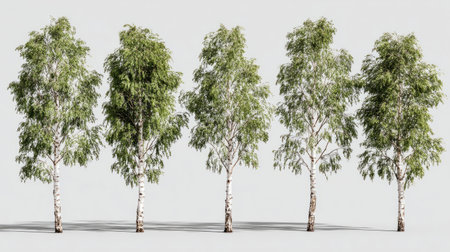 Set of realistic birch trees in 3D rendering, isolated on clear transparent background, detailed foliage and natural bark texture, design elementsの素材