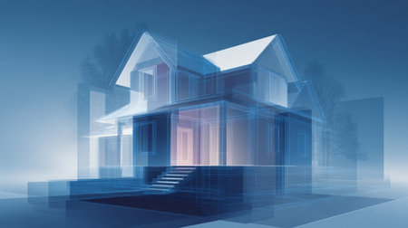 Stylized 3D vector architectural illustration showing house design concept, transparent layers, soft blue gradients, digital drawing presentation styleの素材
