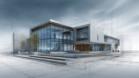 Stylish modern building rendered in 3D, surrounded by blueprint diagrams and design lines, minimalist aesthetic, advanced architectural visualizationの素材