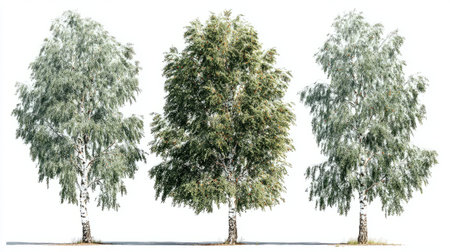 Realistic 3D birch trees isolated on transparent background, fine detail foliage, bright green tones, architectural landscaping visual assetの素材