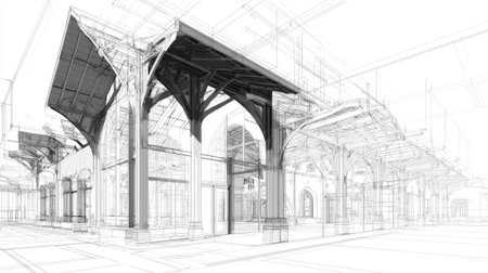 Technical architectural drawing in 3D vector format, detailed modern structure wireframe, precision CAD look, high-quality engineering visualizationの素材