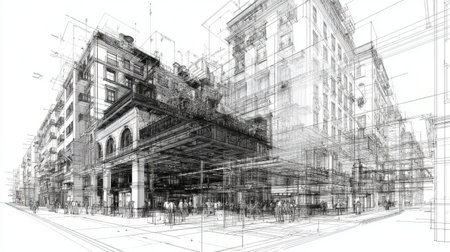 Technical architectural drawing in 3D vector format, detailed modern structure wireframe, precision CAD look, high-quality engineering visualizationの素材