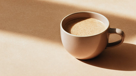 A sleek coffee cup on a solid beige background, minimalist modern cafe aesthetic, soft natural lighting and warm cozy tonesの素材