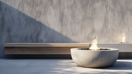 Contemporary patio scene with light grey concrete fire pit, flickering flames, and light wood bench against textured concrete wallの素材