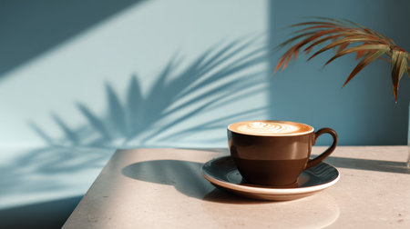 Clean modern cafe composition with coffee cup on muted background, soft light and cozy morning atmosphereの素材