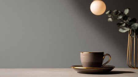 Elegant minimalist setup with coffee cup against plain muted backdrop, cozy cafe lighting and clean modern compositionの素材