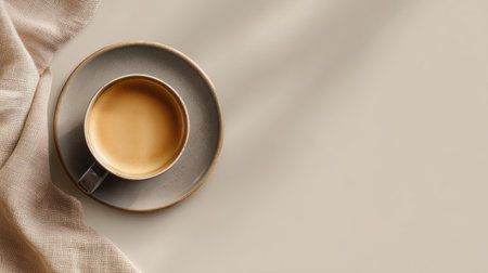 Minimalist flat lay of coffee cup on neutral background, soft cafe lighting and cozy modern aestheticの素材