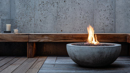 Cozy outdoor fire pit scene with bright fire in grey concrete bowl, soft light on wood bench and speckled wall backgroundの素材