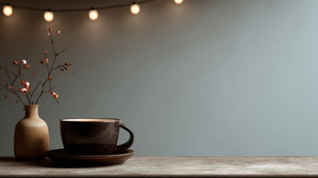 Elegant minimalist setup with coffee cup against plain muted backdrop, cozy cafe lighting and clean modern compositionの素材