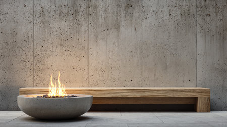 Elegant outdoor composition featuring burning flames in concrete bowl, light wood bench, and speckled concrete wall textureの素材
