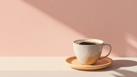 Minimalist cafe concept featuring a ceramic coffee cup against a plain pastel background, elegant composition and soft shadowsの素材