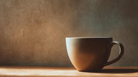 Elegant ceramic coffee cup positioned on solid soft-toned background, cozy minimalist cafe atmosphere and subtle lightingの素材