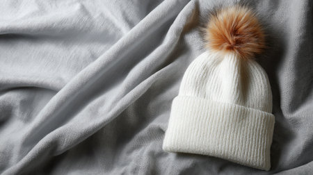 Cozy minimalist winter aesthetic featuring white beanie with pom-pom on a smooth gray backdrop, stylish and serene moodの素材