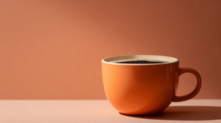 Modern cafe style image of a ceramic coffee cup on solid color background, warm lighting and minimal aestheticの素材