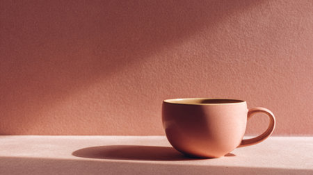 Elegant ceramic coffee cup positioned on solid soft-toned background, cozy minimalist cafe atmosphere and subtle lightingの素材