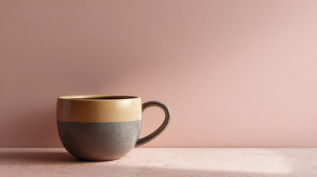 Minimal coffee cup display on plain pastel backdrop, warm tones and soft light reflecting cozy cafe ambianceの素材